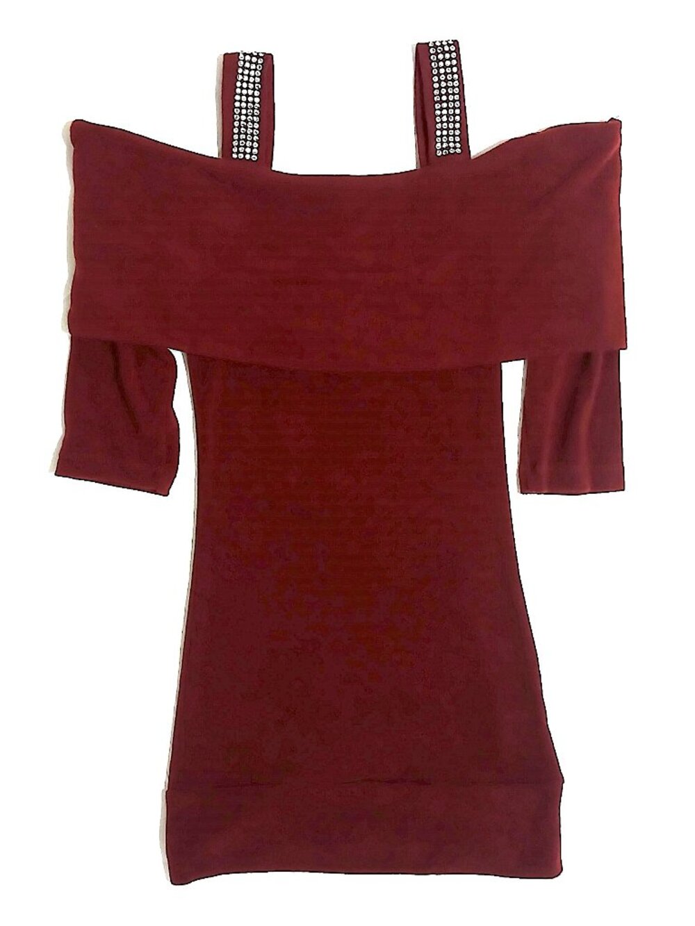 Bui Yah Kah Burgundy Rhinestone Strap Cold Shoulder Top Women’s XS Stretch Tunic
